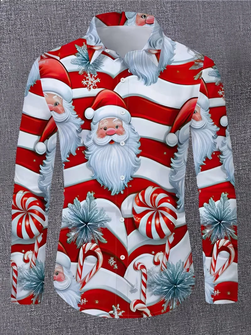 

Новая повседневная мужская рубашка с длинным рукавом с 3D подарочным принтом и рождественским узором, уличный дизайн, оригинальный топ в устойчивом стиле
