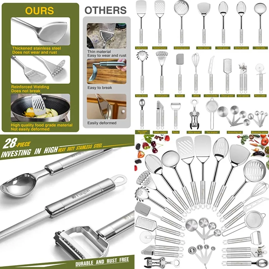 

Stainless Steel Kitchen Utensil Set- 28 Pcs Cooking Nonstick Cookware Set with Spatula - Best Gadgets Tools Kitchen Accessories