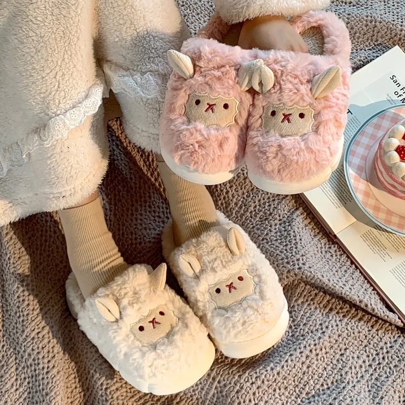 

Women Lovely Sheep Fluffy Slippers Men Fashion Animals Non-slip Plush Slides Lovers Soft Warm Cartoon House Shoes For Winter