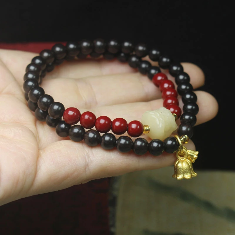 Ebony 6mm double-loop Bodhisattva lion Buddha bead bracelet with cinnabar DIY simple women's decorative accessory
