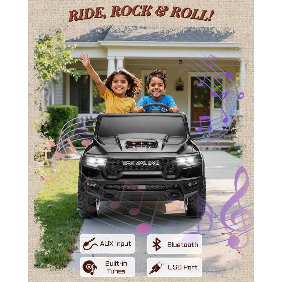 24V Ride on Toys for Big Licensed RAM 1500 RHO Electric Car for w/Remote Control Ride on Truck w/Bluetooth LED Lights Truck Bed