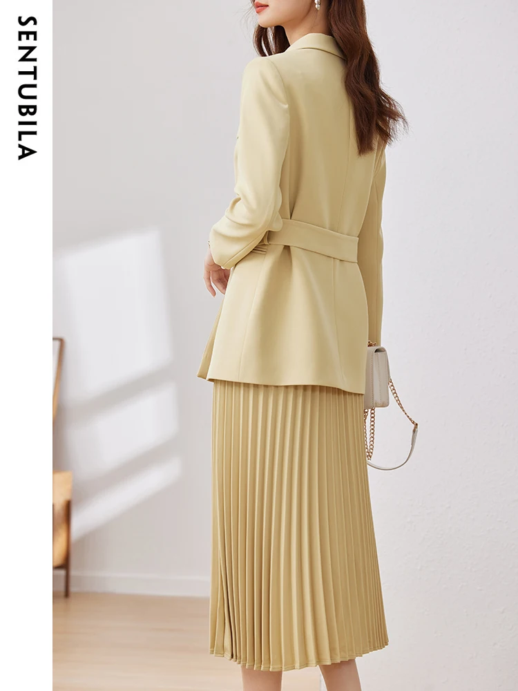 SENTUBILA Blazer and Skirt Set Women 2 Pieces Elegant Outfits Belted Suit Jacket Elastic Pleated Skirts Matching Set 133Z49061