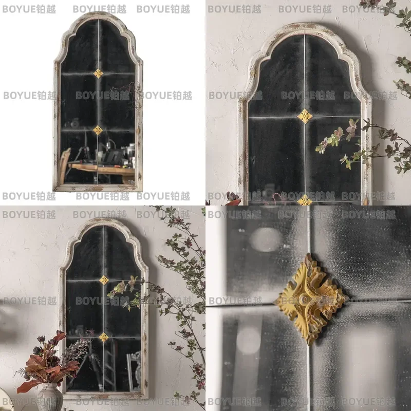 French Carved Wood Arched Floor Mirror Retro Full Length Wall Mounted Decorative Frameless Standing Lean Against Wall Home
