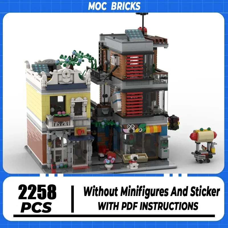 Moc Building Block Petshop and Cafe Store Model Technology Brick DIY Assembly Modular City Street View Toy For