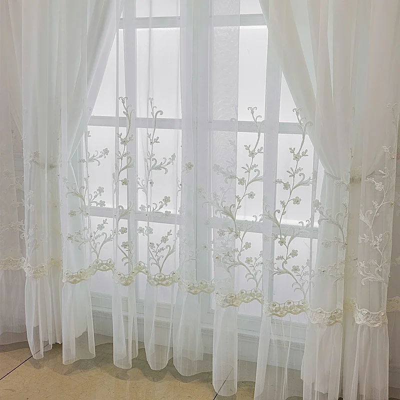 French Romantic Lace Pearl Embroidery Small Floral Sheer Tulle Curtain For Living Room Bedroom Window Grommet Top Ring Curtain