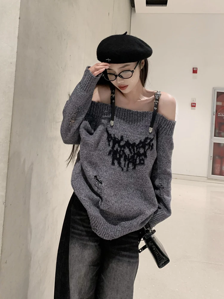 SONNEESD Winter Vintage Slash Neck Belt Design Pullovers Harajuku Style Full Sleeve Loose Hole Pendulous Knitting Sweater