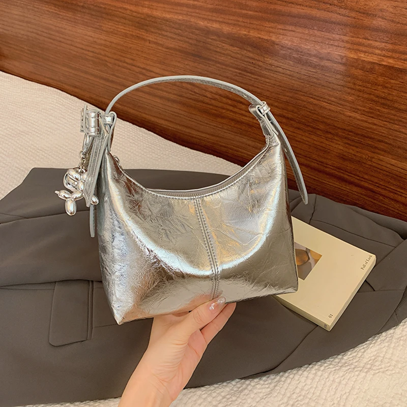 Glossy Silver PU Half Moon Shoulder and Crossbody Bag Zipper Sense of Luxury Handbags for Women 2024 New High Quality Hot Sale