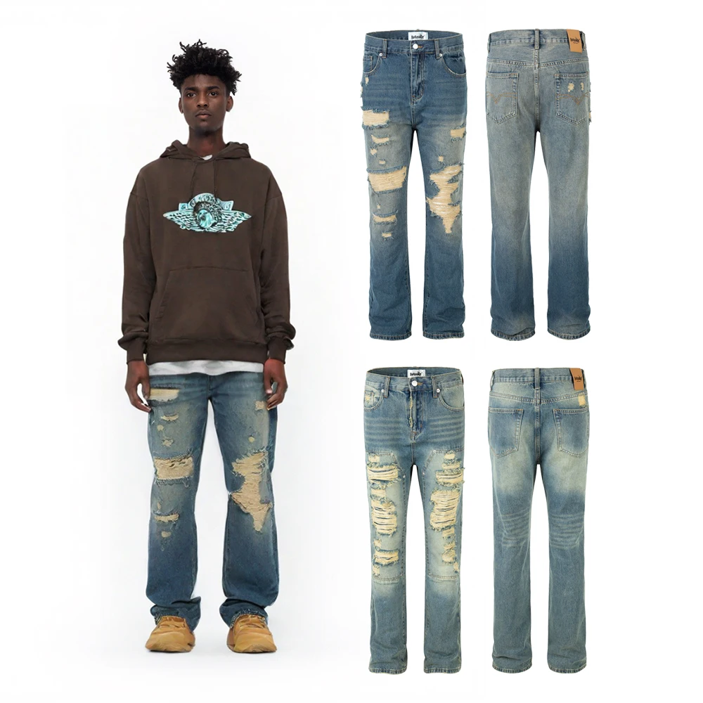

Baggy Ripped Jeans Man‘s Hip Hop Street Wear Retro Street Style Distressed Flame Denimrock Revivals Jeans Casual Denim Pants Man