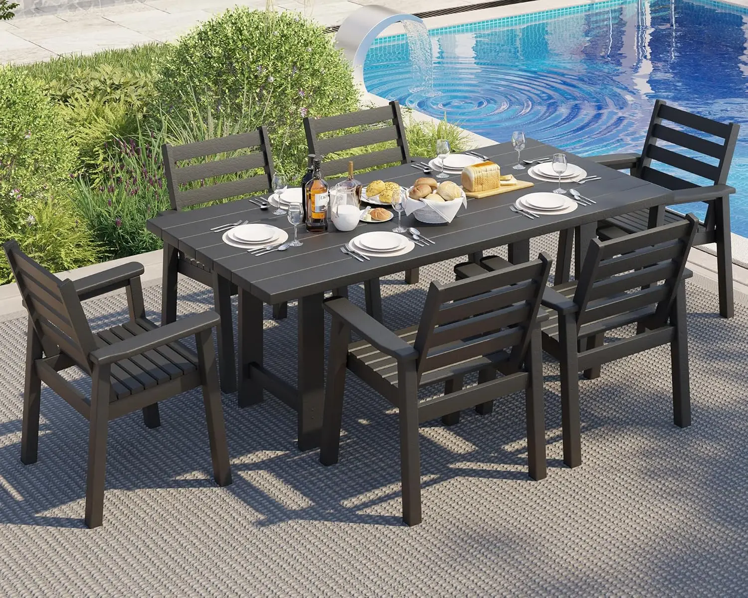 

7-Piece Patio Outdoor Table & Chairs Set, HDPE Patio Dining Set for 6, 71" L Outdoor Table and Chairs with Umbrella Hole