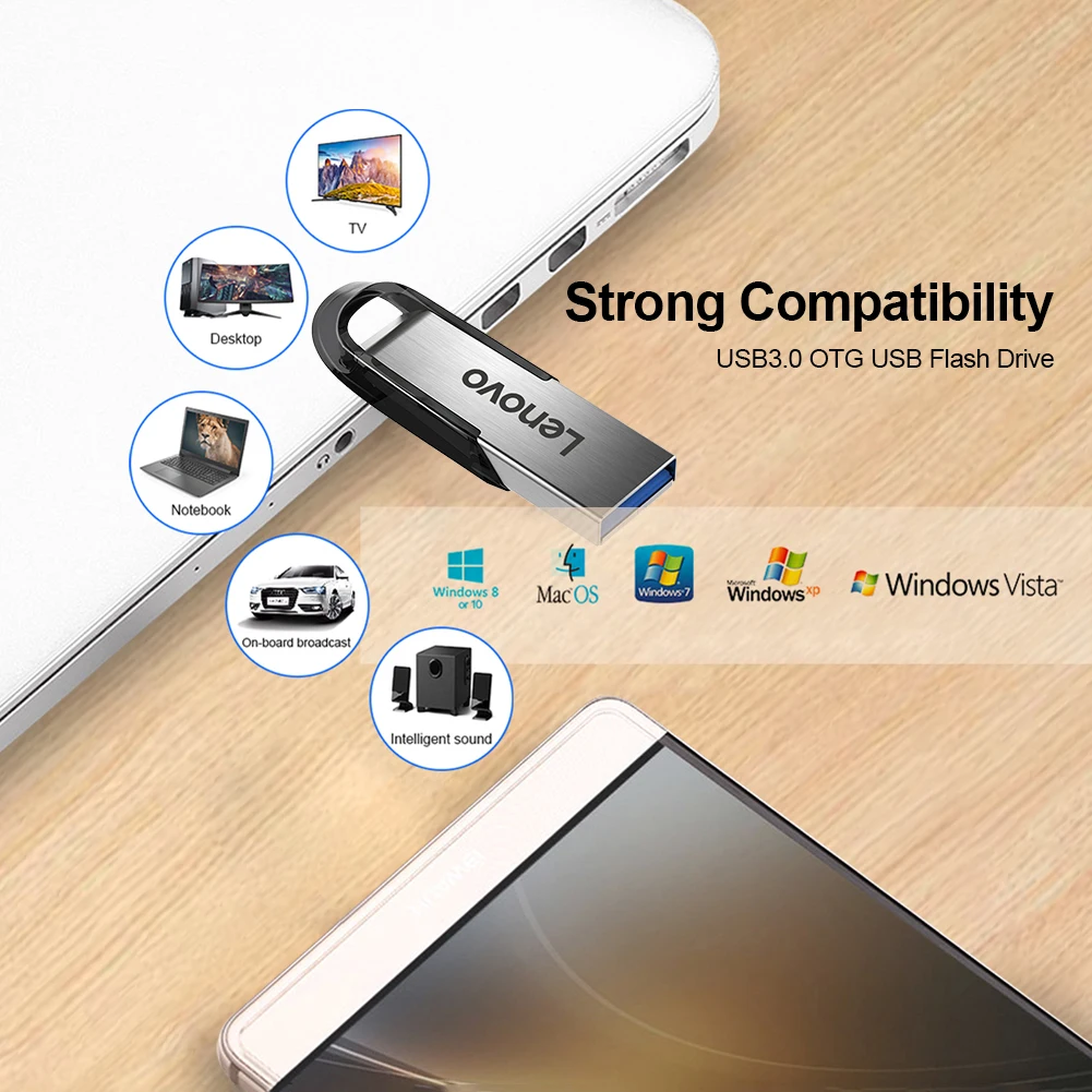 Lenovo 128GB USB Drive Flash Mini Metal Pen Drive 64GB USB Flash Drive 32GB Silver Memory Stick Free Key Chain Pendrive