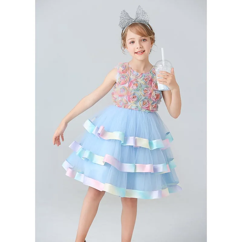 

Sleeveless Ball Gown Flower Girl Dress First Communion Prom Knee Length Tulle with Bow Lace Appliques Fit 3-14 Years