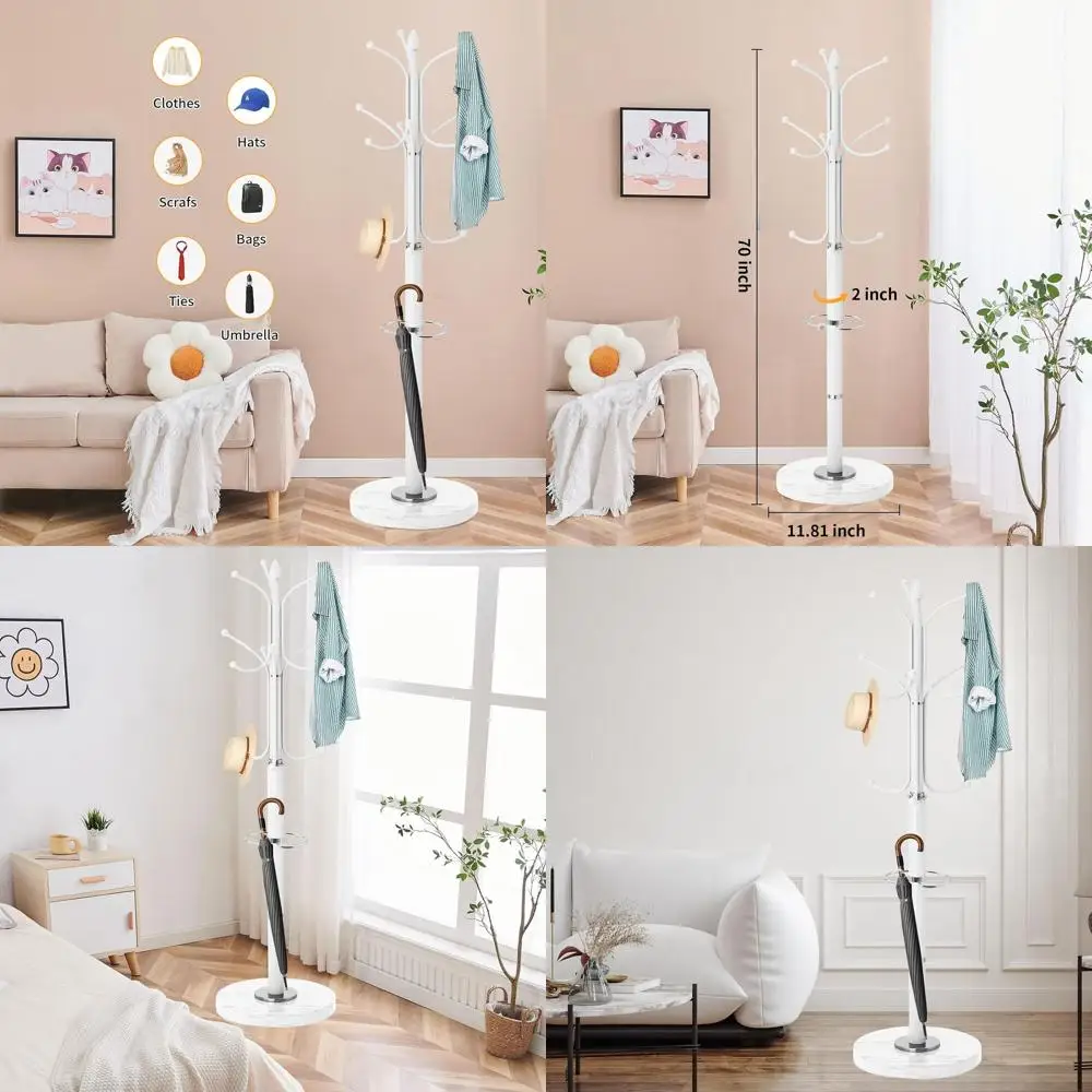 

Современная отдельно стоящая вешалка с 12 крючками, подставкой для зонтов и основанием из натурального мрамора для дома и офиса