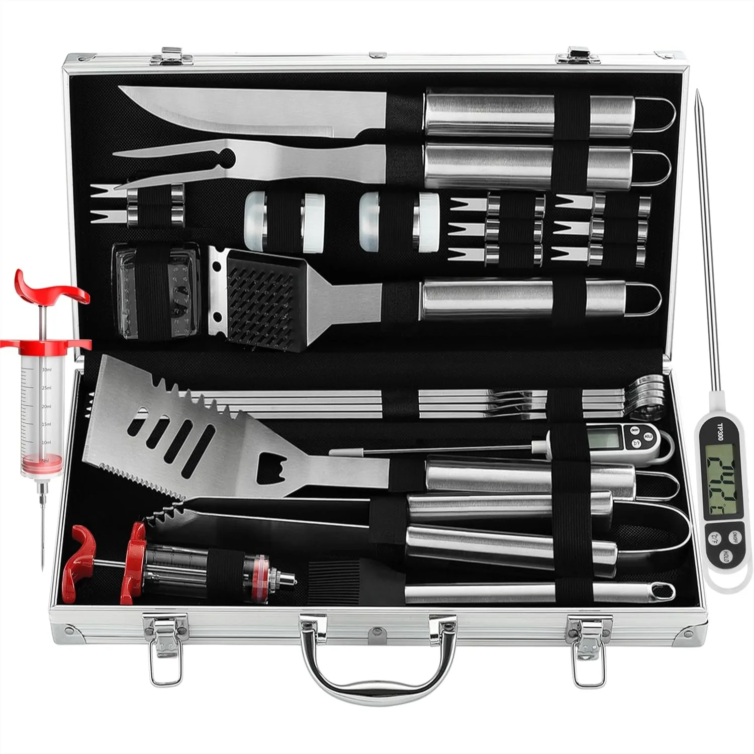 

24PCS BBQ Grill Tools Set with Meat Thermometer and Injector - Extra Thick Stainless Steel Fork, Spatula & Tongs - Complete BBQ