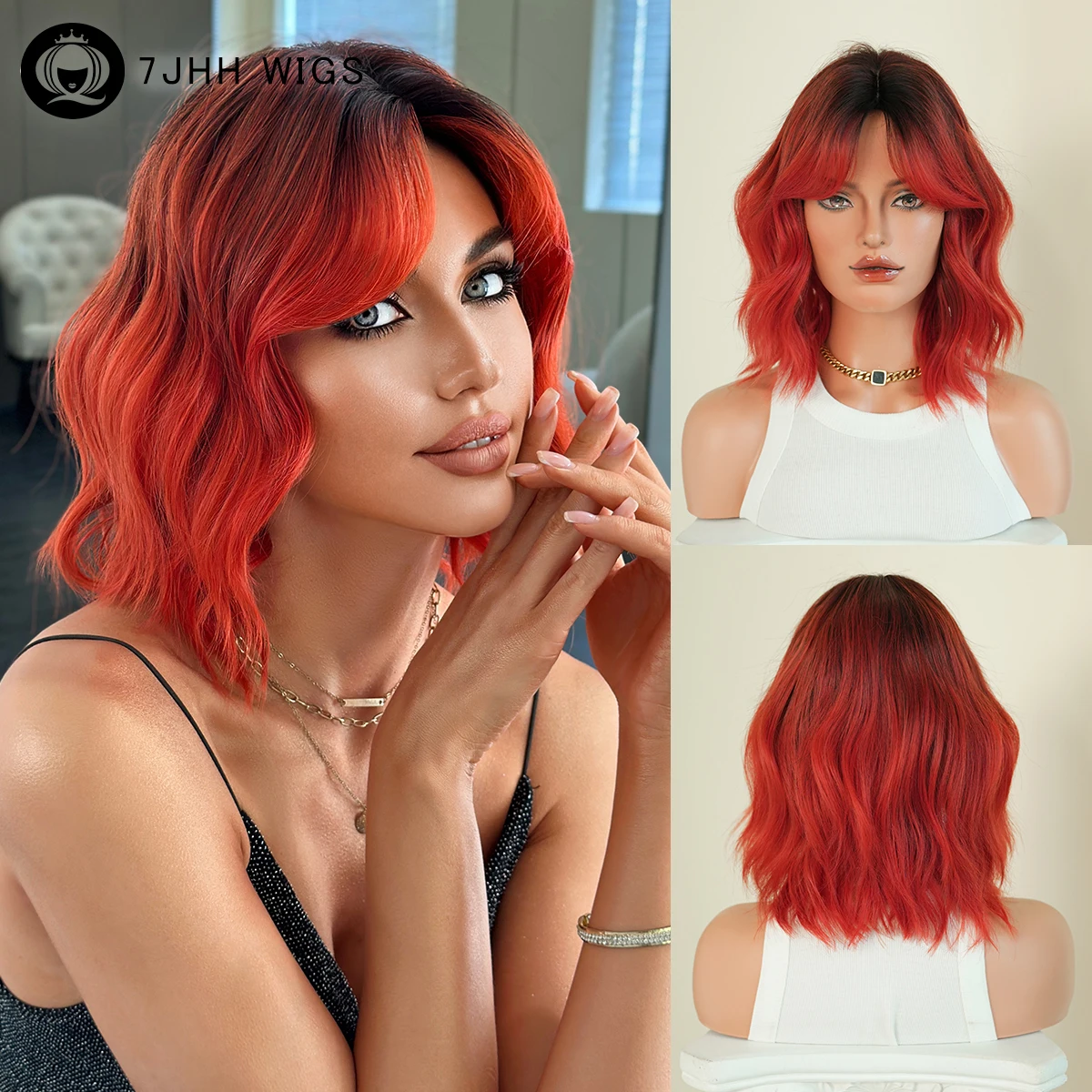 Kurze Wasserwellen-Orange-Rot-Bob-Perücke für Damen, synthetisch, modisch, mit Mittelscheitel, sofort tragbar, rote Perücken mit Vorhangfransen