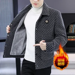 2024 Winter Add Velvet Thick Woolen Jackets for Men's Brand Plaid Jacquard Casual Business Trench Coat Social Party Men Clothing