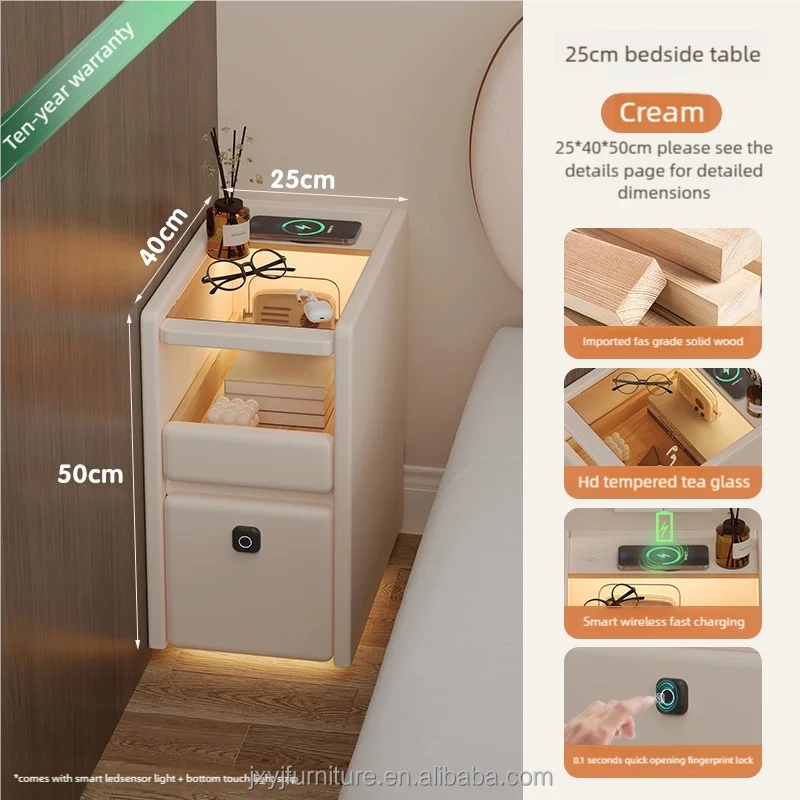 طاولة سرير ذكية لغرفة النوم، لاسلكية متعددة الوظائف، قفل بصمة الإصبع، خزانة بجانب السرير من الخشب الصلب #2