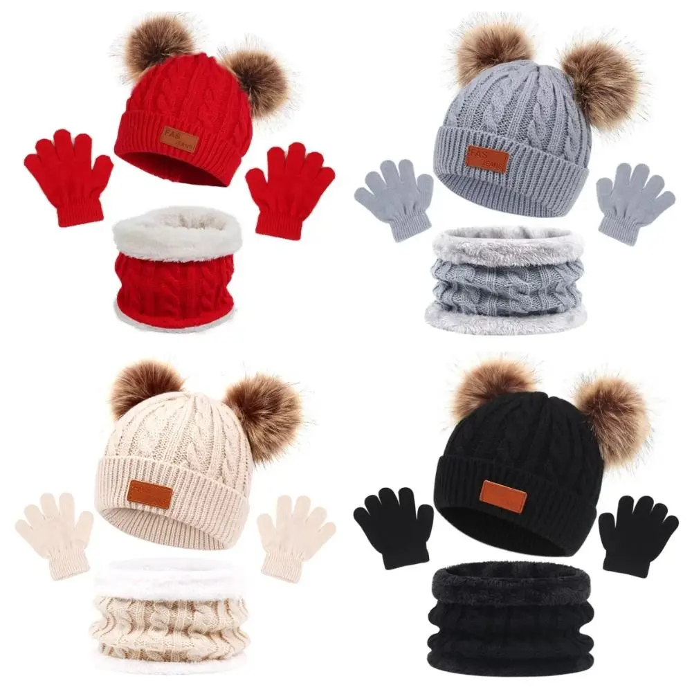 

3pcs Solid Color Baby Hat Scarf Gloves Set Windproof Thicken Toddler Bonnet 1-5Y Infant Accessories Pompom Knitted Hats Winter