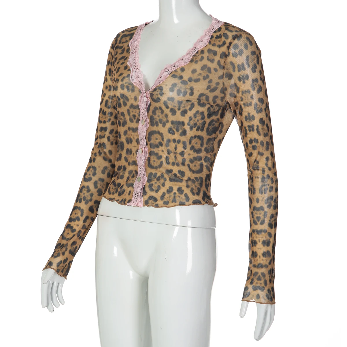 Hugcitar Fashion Leopardenmuster Patchwork Spitze Sexy Knöpfe Crop T-Shirt Top Herbst Damenkleidung Streetwear Party Club Y2K – Detail 3