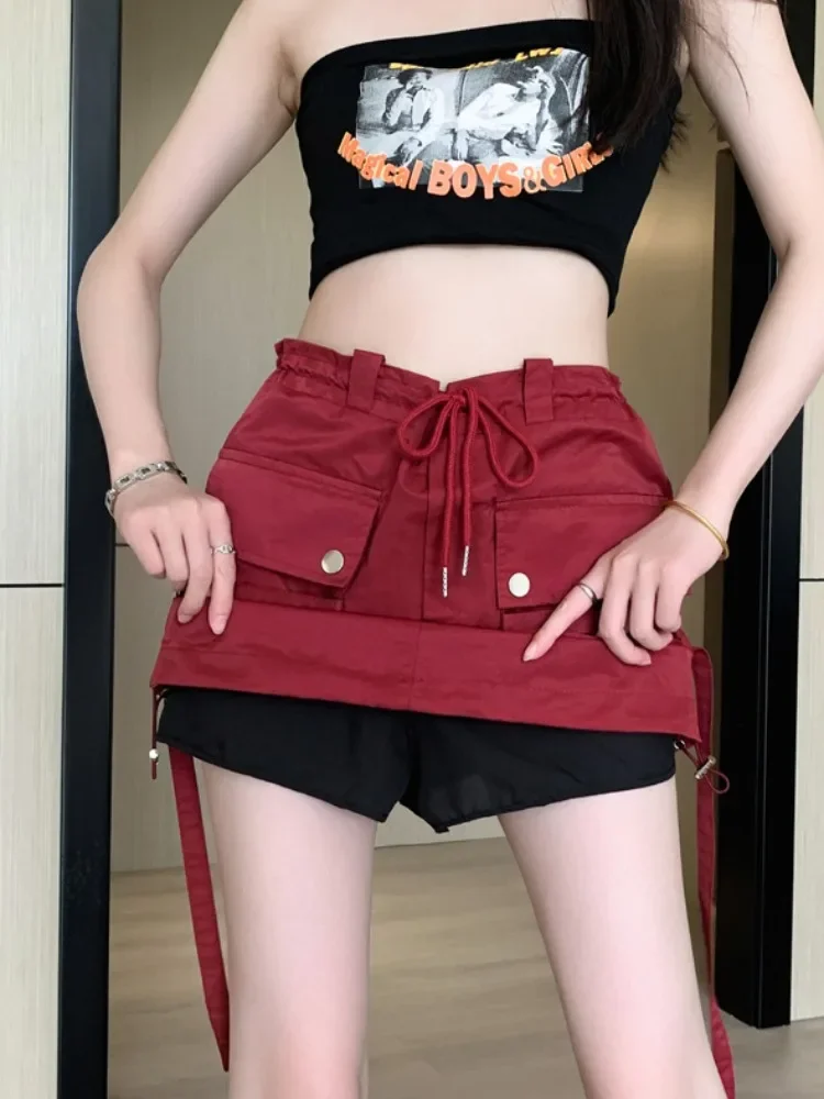 Hot Girl Cargo Mini Skirt Red A Line Drawstring Big Pocket Hip Wrap Skirt Casual Female Fashion Streetwear Sexy Gray Black