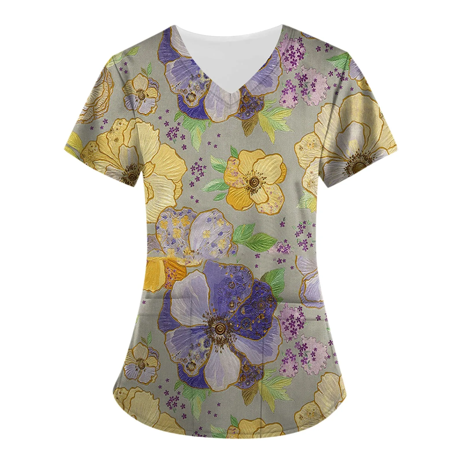 Women blouse flower Print Lapel Working Uniform Pocket Blouse Nurse Uniforms Clinic Nursing Scrub Tops Healthcare Carer Tunic