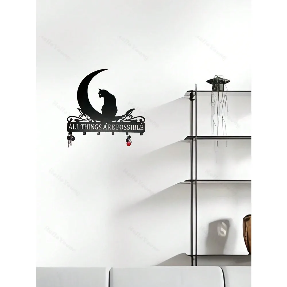 

Black Cat Moon Metal Hook Wall Mounted Key Rack Holder for Entryway Bathroom Kitchen Towel Halloween Decor
