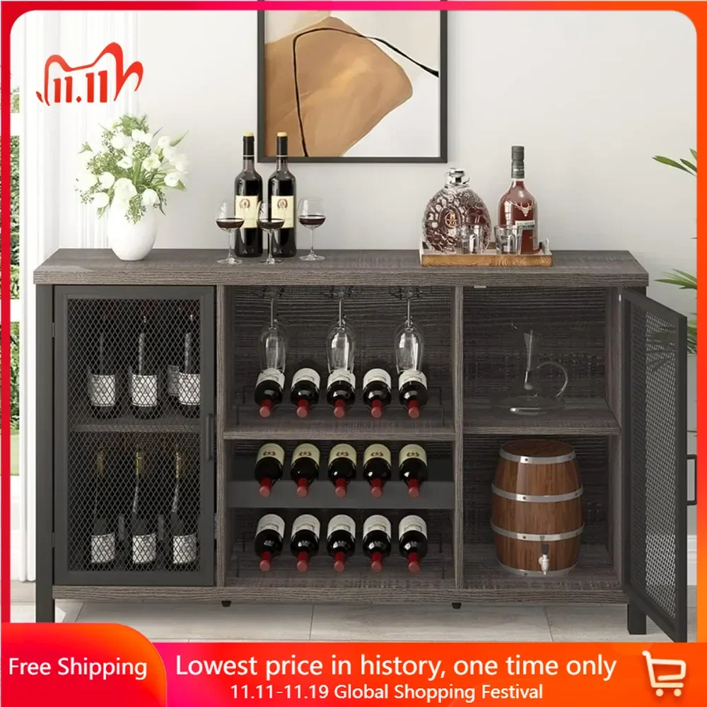 Wine Bar Cabinet, Rustic Coffee Cabinet for Liquor and Glasses, Kitchen Sideboard Buffet with Rack Storage