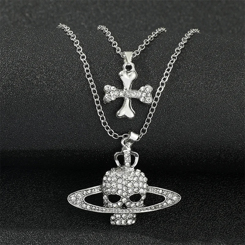 Rhinestone Skull Pendant Long Cross Chain Necklace Vintage Punk Goth Style for Women Men Unique Wholesale Jewelry Accessory