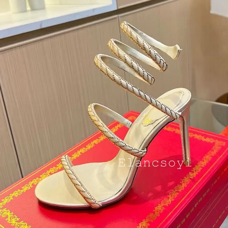 New Ankle Snake Shaped Strap Entanglement Sandals Women Rhinestone Decor Thin High Heels Sandalias Summer Dress Shoes Pumps