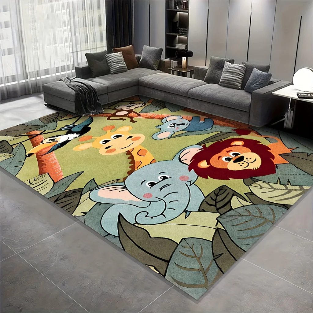VIKAMA Cute Jungle Animals Area Rug,Non‑Slip Mat,Elephant Lion Giraffe Monkey Print Carpet for Kids Bedroom Playroom Home Decor