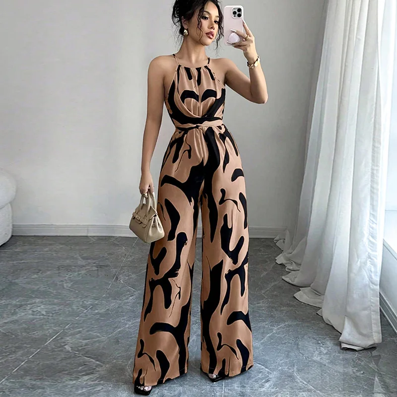 여성용 바디수트 서스펜더 점프수트 2026 여름 밀크 패턴 스트랩 홀터넥 점프수트 여성용 섹시 의류 점프수트