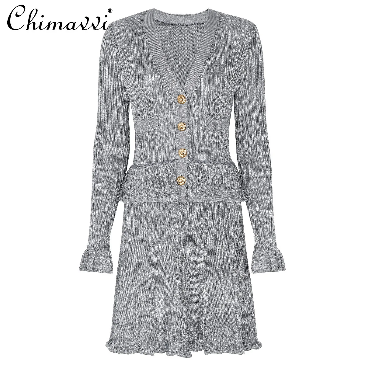 High-End Knitted Dress Spring and Autumn New Fashion Bright Silk Slimming V-Neck Long Sleeve Short Elegant Lady Knitted Dress