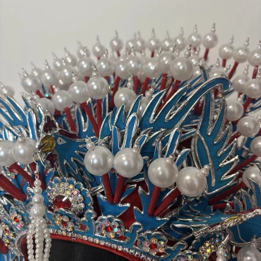 Disfraz tradicional chino de corona de Fénix, accesorio de actuación de escenario de ópera de Peking, sombreros de perlas con borlas