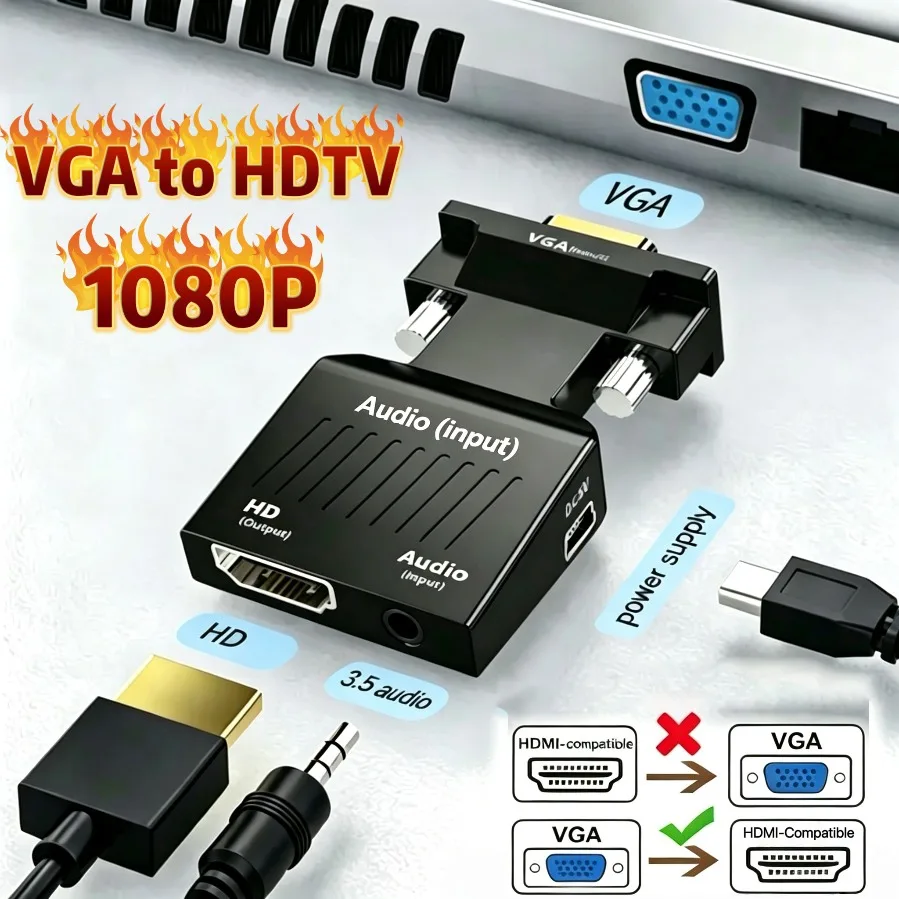 Full HD 1080P VGA  to HDMI-Compatible Adapter Male to Female HDTV to VGA for PC Laptop to HDTV Projector Audio Video Converter