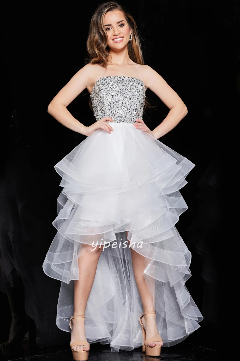 Customized Sparkle Modern Style Tulle Sequined Beading Ruched A-line Strapless Long Dresses Evening Dresses Sizes Available Sexy