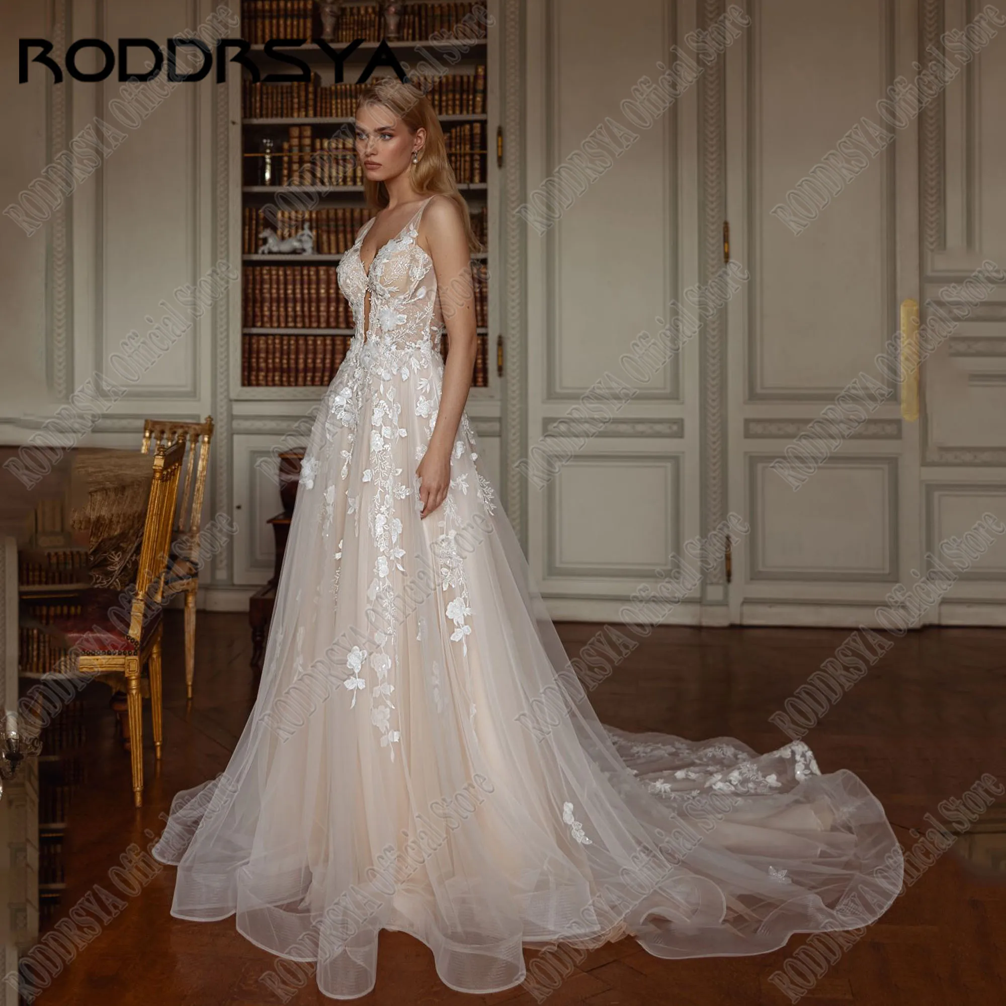 RODDRSYA ha personalizzato una linea Sexy profondo scollo A V abiti da sposa sposa Applique senza maniche pizzo Boho abito da sposa Vestido Sweep TrainRODRSYA Personalizzato Una Linea Sexy Deep V Neck Sposa Abiti Da Sp