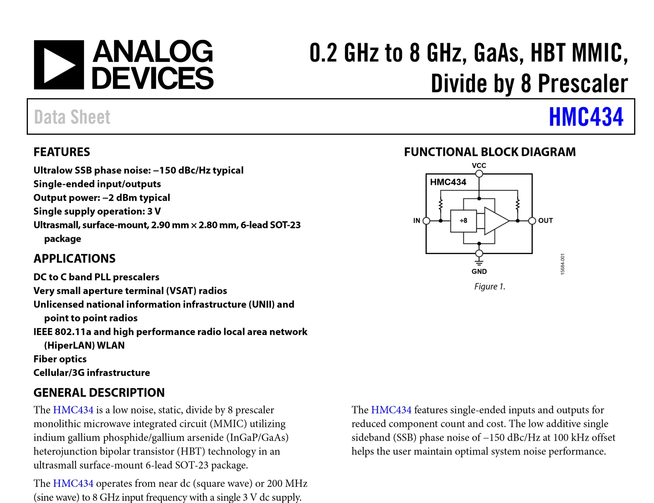 HMC434 8GHZ 8-Frequency Divider Low Noise Divider