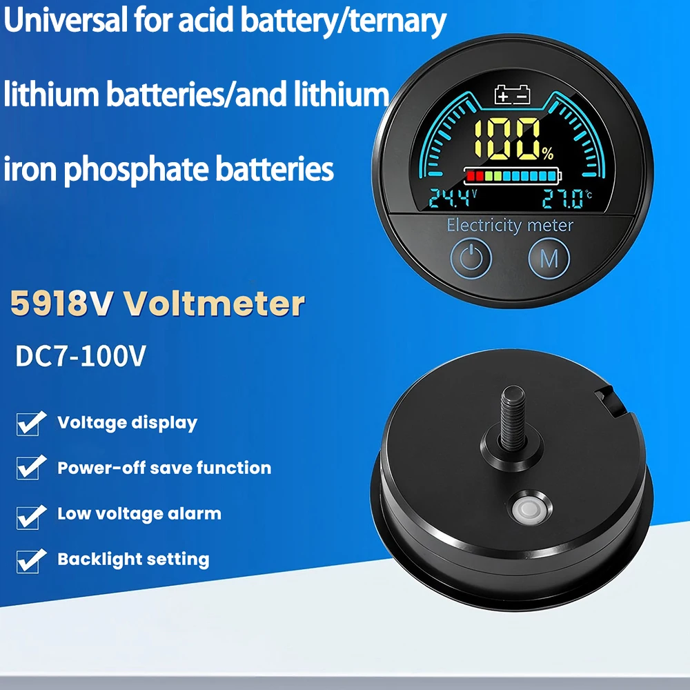 5918 DC 7–100V Digital Circular Voltmeter Waterproof Battery Capacity Monitor Car Voltage Meter Tester Battery Level Indicator