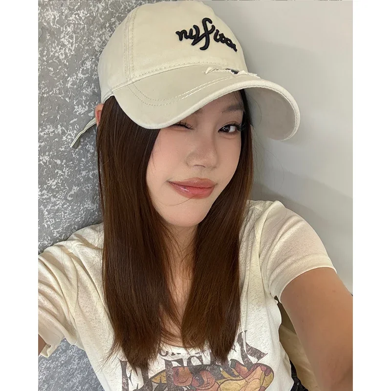 ELFSACK  Letter Embroidery Star Patch Baseball Cap, Raw Edge Distressed Washed Cotton Curved Brim Dad Hat