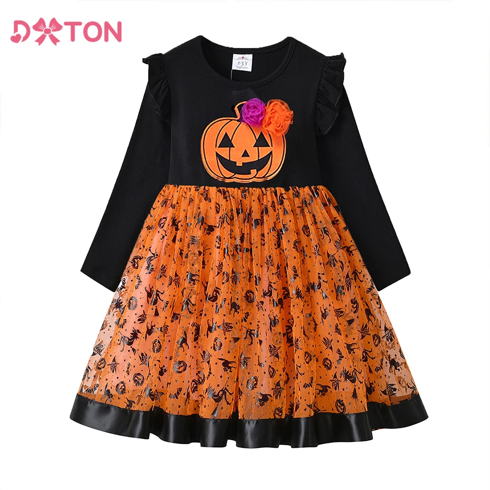 DXTON Children Halloween Dress Pumpkin Spider Witch Print Cosplay Party Clothing Winter Holiday Princess Dress For Girls 3-12Yrs