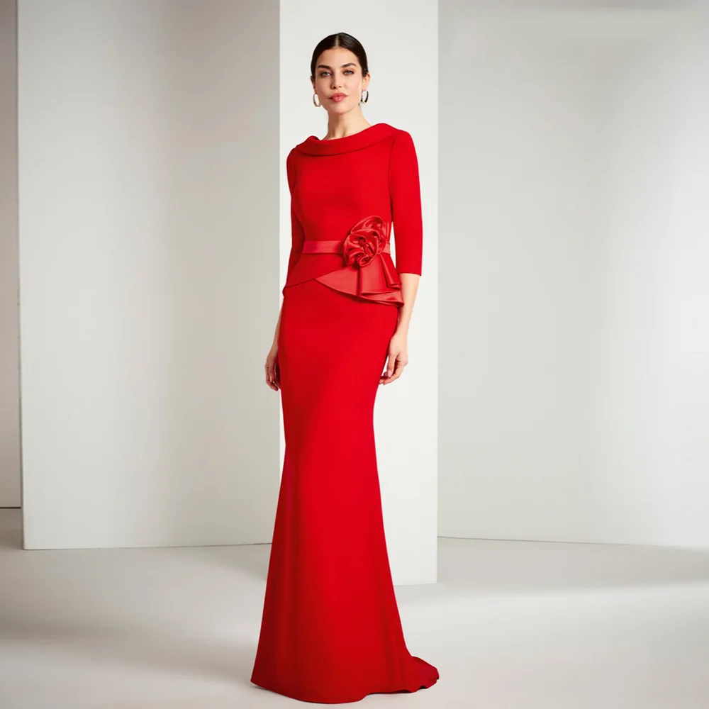 Elegant Red Mother of the Bride Dresses 2025 Customized O Neck 3/4 Sleeves Mermaid Wedding Party Gowns Flowers فساتين السهرة