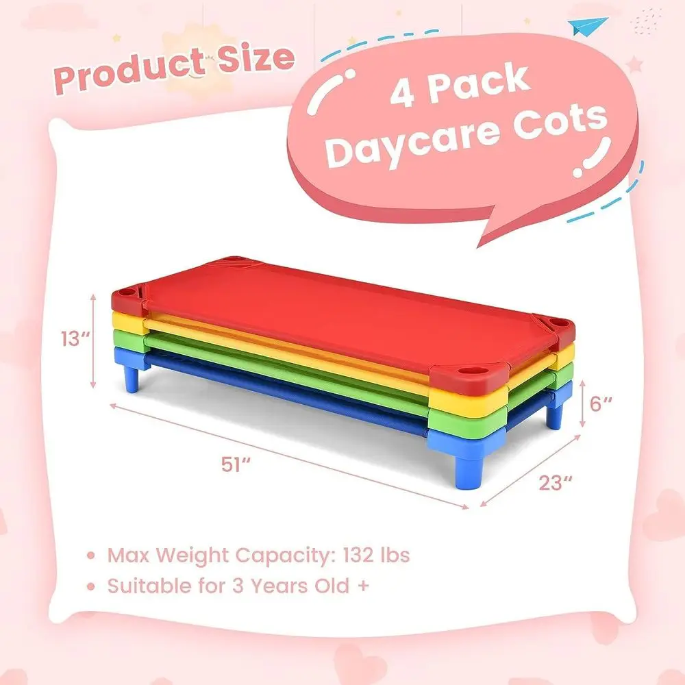 Stackable Kids Nap Cot, Space-Saving Sleep Bed with Liftable Corners, Easy Assembly, Ideal for Preschool and Daycare, 4-Pack Mul