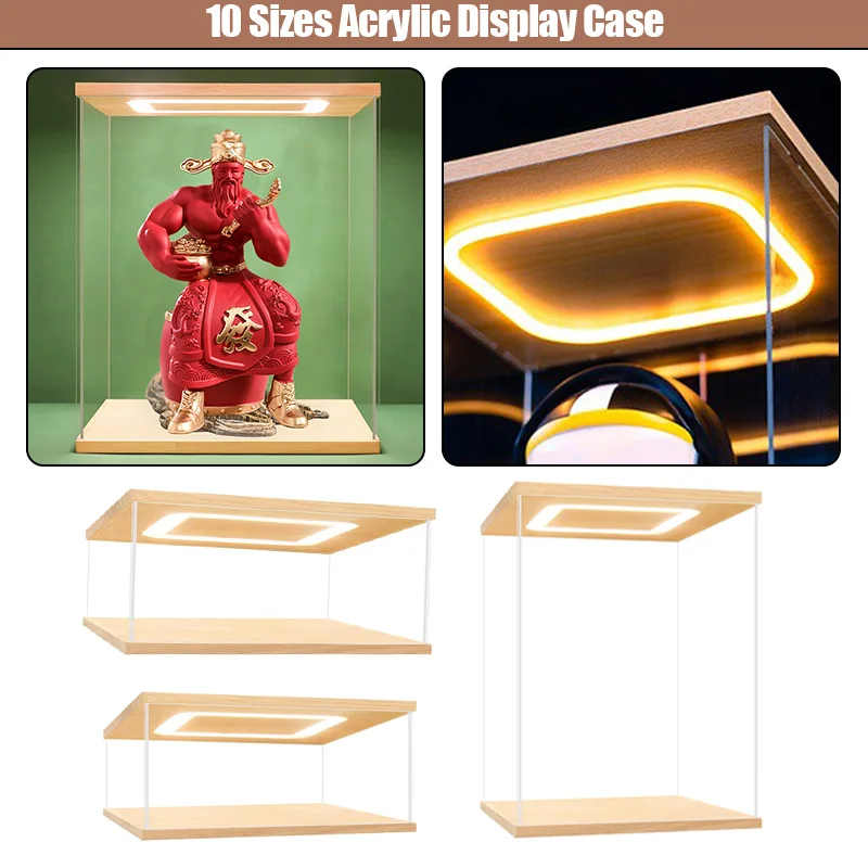 Dustproof Storage Box Ring LED Light Acrylic Display Case with Door for Action Figure  Use for Collections Car Model Showcase