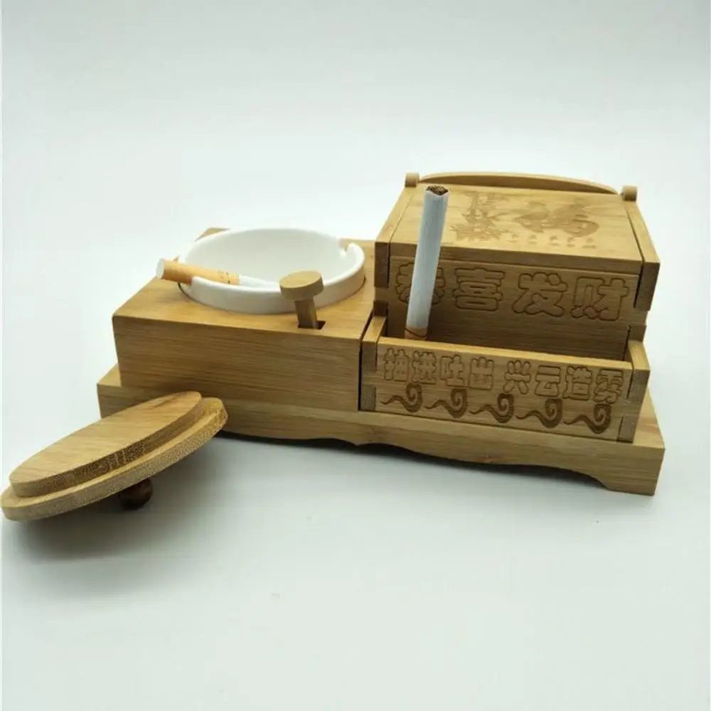 Creative Bamboo Production Press Eject Cigarettes Press To Pop Out The Cigarette Case Box Ceramic Ashtray With Lid