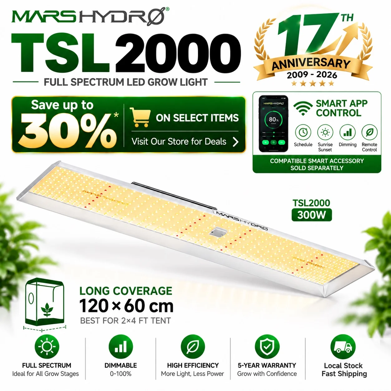 2026 MARS HYDRO TSL2000 300W LED Pflanzenlampe Dimmbar IR Vollspektrum Pflanzenleuchte LED Grow Light für Zimmerpflanzen und Blumen