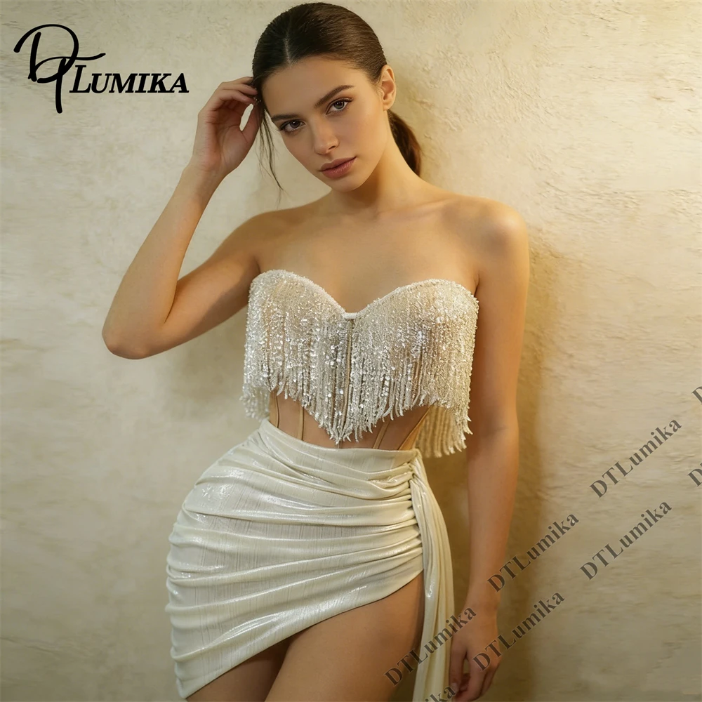 

Женское вечернее платье DTLumika без бретелек с бисерными бахромами и шлейфом, модное мини-платье для вечеринок и балов, размеры S-XL