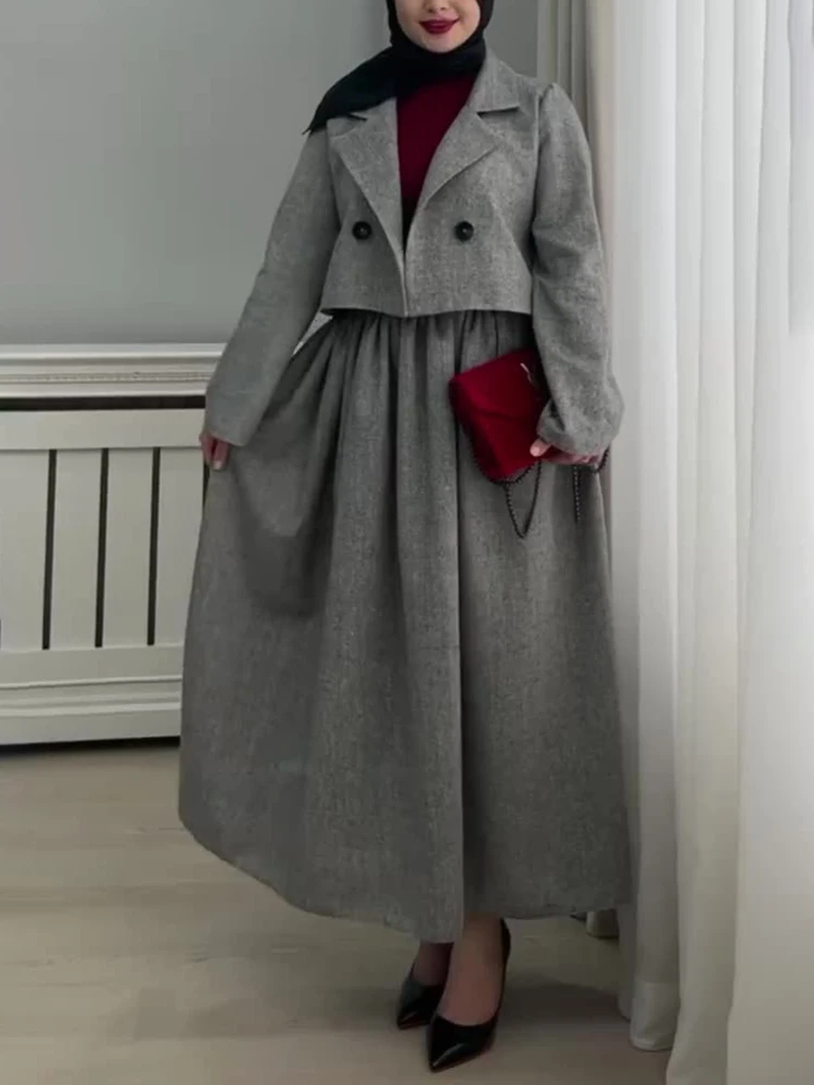 CHICEVER Gray Color Two Piece Set For Women Lapel Long Sleeve Short Coat A Line Skirt With Elastic Elegant Suit Female Clothing