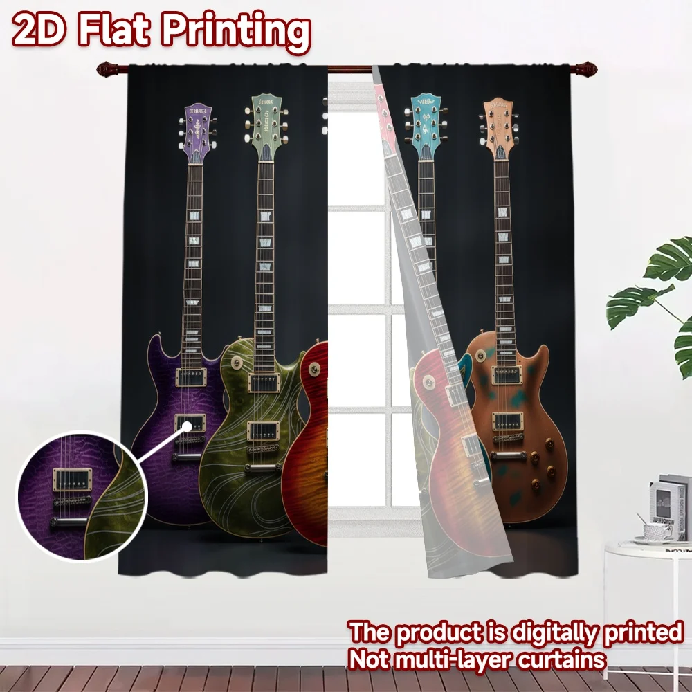 2D flat 2pcs Curtain Vintage drapes and curtains Colorful Guitars Digitally printed polyester Holiday Decorations Perfect for