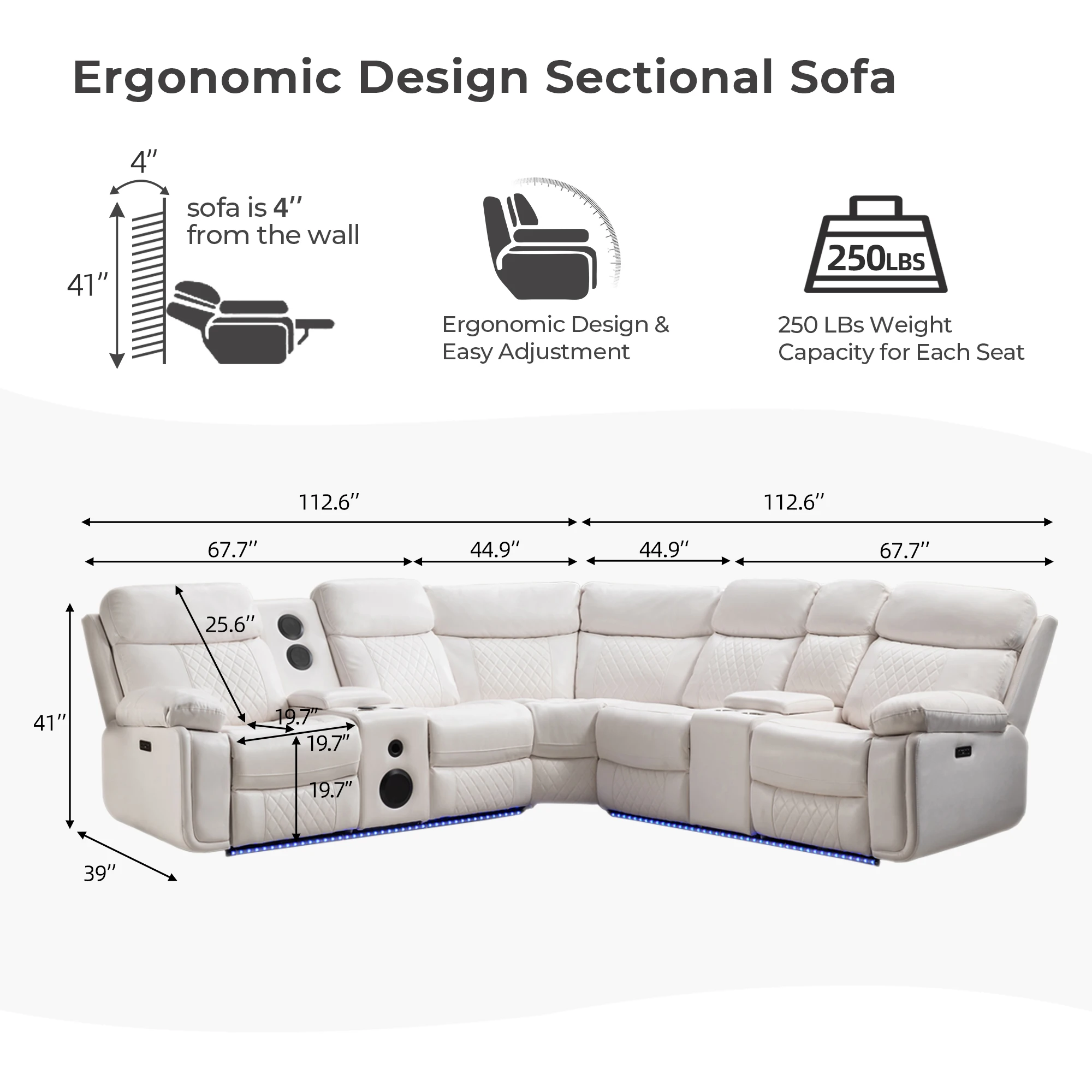 Sofá seccional reclinable con altavoces de graves para sala de estar, sillón de esquina de piel sintética, M047