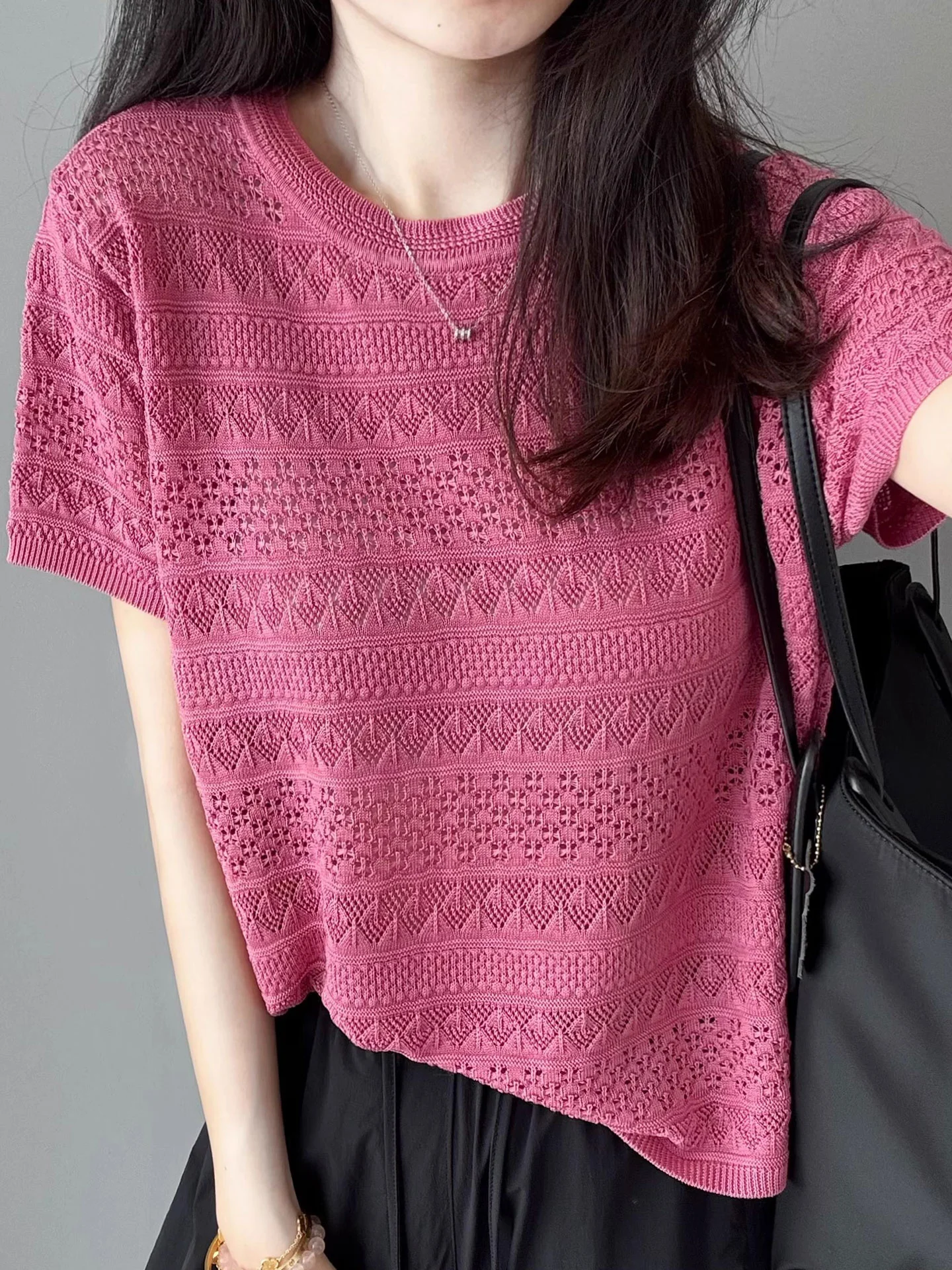 

Faionable Breathable Hollow out Design ort Sve Knit Top Versatile Sweet Summer European Sle Women's Silk irt