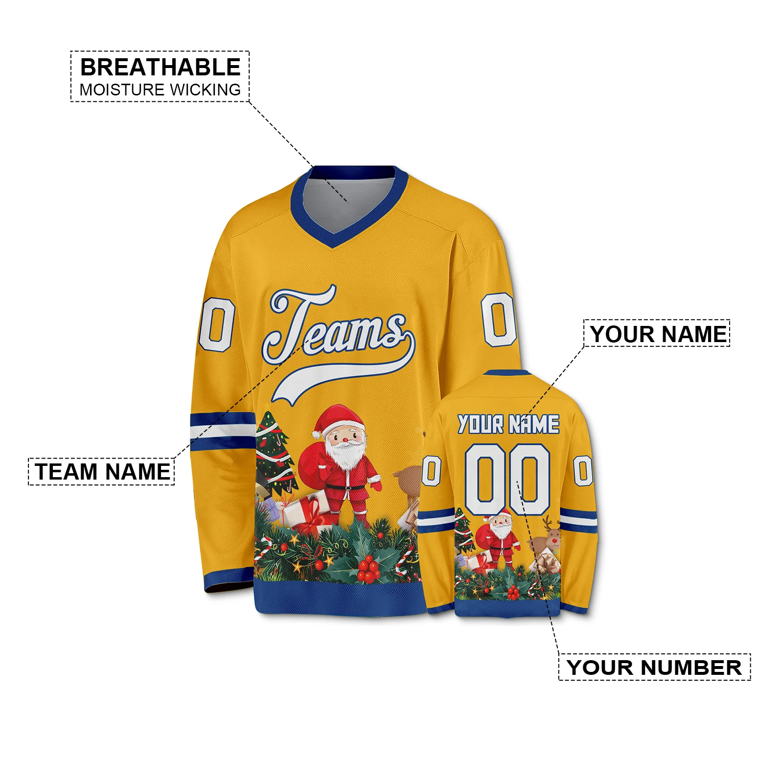 Yellow Hockey Jersey Custom Santa Claus Design Christmas Team Name Number Sports Uniform Men Women Kids Youth Xmas Gift